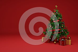 3d rendering of Christmas tree with presents isolated on a red background.
