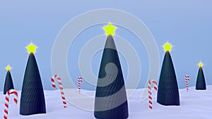 3d rendering of Christmas trees with yellow stars on top, standing in a snowy ground with a candy cane fence