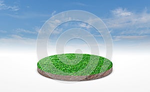 3d rendering, circle podium of land meadow. Soil ground cross section with green grass over blue sky