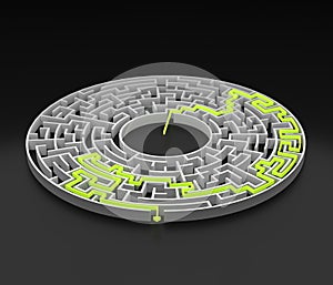 3d rendering circular maze with solution.