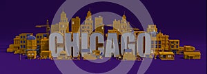 3d rendering city with buildings, chicago lettering name