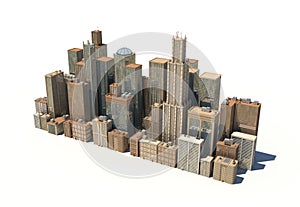 3d rendering of a city landscape with office buildings and skyscrapers isolated on white background.