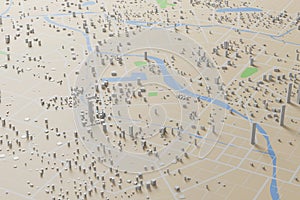 3D rendering city map illustration of a city map created using 3D modeling. Top view of Urban map with main road and sub road