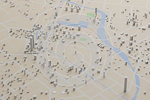 3D rendering city map illustration of a city map created using 3D modeling. Top view of Urban map with main road and sub road