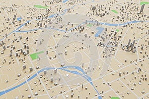 3D rendering city map illustration of a city map created using 3D modeling. Top view of Urban map with main road and sub road