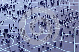3D rendering city map illustration of a city map created using 3D modeling. Top view of Urban map with main road and sub road