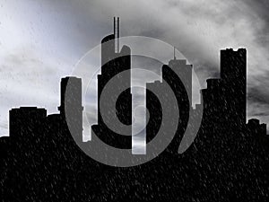 3D rendering of a cityscape in the rain.