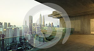 3D rendering cityscape view in balcony outside office glass railing