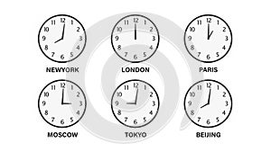 3d rendering. classical World time zone clocks on white  background