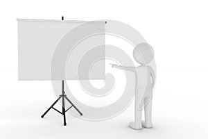 3D rendering from a clay character as a presenter pointing to a blank whiteboard