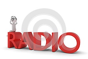 3D rendering from a clay character with a headphone sitting on a red extruded radio text