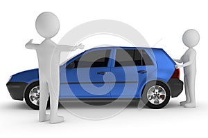 3D rendering from a clay character who is pushing a car while another person is showing the distance to the obstacle