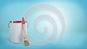 3d rendering of a clean new paint brush leaning on a metal bucket with red paint on blue background.
