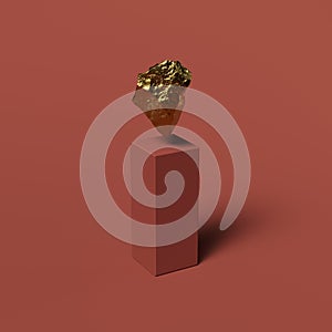 3D rendering of a cliff of gold, a sculpture levitates above a curbstone on a red background