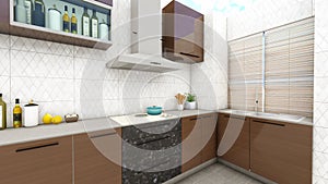 3d rendering close up perspective of brown kitchen interior