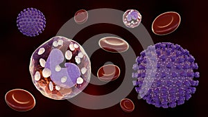 3d rendering of CMV or cytomegalovirus with erythrocytes and leukocytes