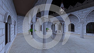 3D rendering of the cobblestone courtyard