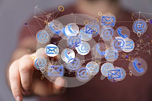 3d rendering of collection of emailing and messaging icons with a businessman in the background