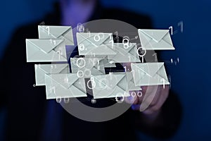3d rendering of collection of emailing and messaging icons with a businessman in the background