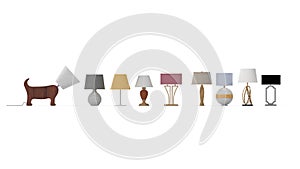 3D rendering of a collection of table lamps lighting indoor lights