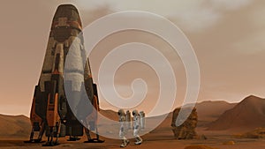 3D rendering. Colony on Mars. Two Astronauts Walking On The Surface Of Mars. Exploring Mission To Mars. Futuristic Colonization