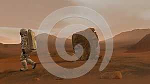 3D rendering. Colony on Mars. Two Astronauts Wearing Space Suit Walking On The Surface Of Mars