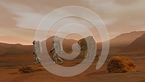 3D rendering. Colony on Mars. Two Astronauts Wearing Space Suit Walking On The Surface Of Mars