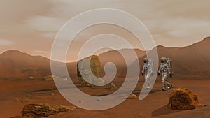 3D rendering. Colony on Mars. Two Astronauts Wearing Space Suit Walking On The Surface Of Mars