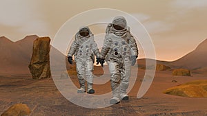 3D rendering. Colony on Mars. Two Astronauts Wearing Space Suit Walking On The Surface Of Mars