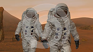 3D rendering. Colony on Mars. Two Astronauts Wearing Space Suit Walking On The Surface Of Mars