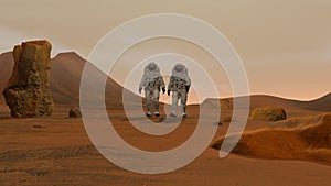 3D rendering. Colony on Mars. Two Astronauts Wearing Space Suit Walking On The Surface Of Mars