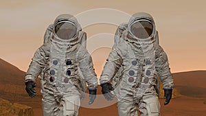 3D rendering. Colony on Mars. Two Astronauts Wearing Space Suit Walking On The Surface Of Mars