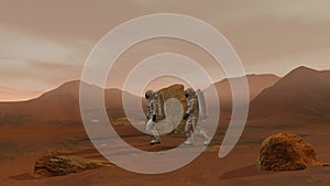 3D rendering. Colony on Mars. Two Astronauts Wearing Space Suit Walking On The Surface Of Mars