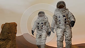 3D rendering. Colony on Mars. Two Astronauts Wearing Space Suit Walking On The Surface Of Mars