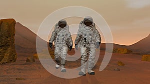 3D rendering. Colony on Mars. Two Astronauts Wearing Space Suit Walking On The Surface Of Mars