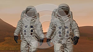 3D rendering. Colony on Mars. Two Astronauts Wearing Space Suit Walking On The Surface Of Mars