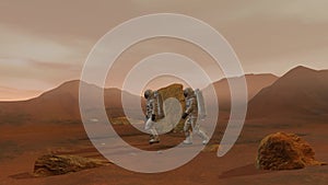 3D rendering. Colony on Mars. Two Astronauts Wearing Space Suit Walking On The Surface Of Mars