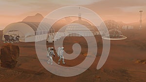 3D rendering. Colony on Mars. Two Astronauts Wearing Space Suit Walking On The Surface Of Mars