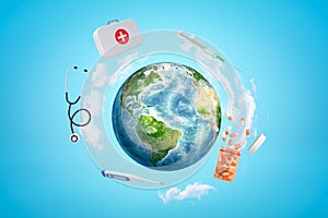 3d rendering of colored earth globe with first aid medical box, pills jar, syringe, stethoscope and digital thermometer