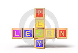 3d rendering of colorful alphabet toy blocks making `LEARN` and `PLAY` signs