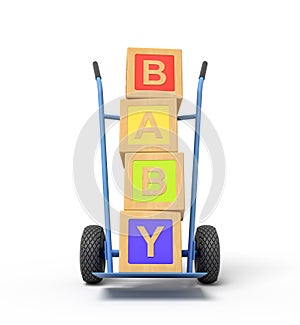 3d rendering of colorful alphabet toy blocks showing `BABY` sign on a hand truck