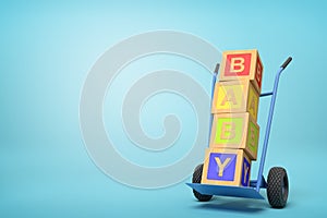 3d rendering of colorful alphabet toy blocks showing `BABY` sign on a hand truck on blue background