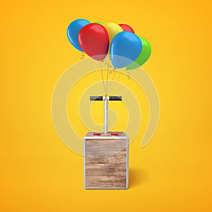 3d rendering of colorful balloons with tnt detonator box on yellow background