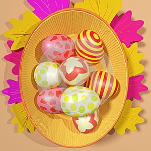 3d rendering of colorful easter eggs in a basket with decorative leaves for the easter holidays