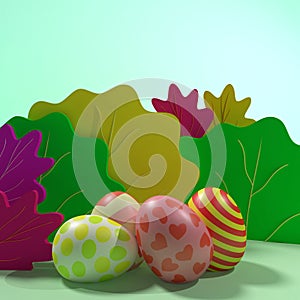 3d rendering of colorful easter eggs with decorative leaves and blue backround for the easter holidays