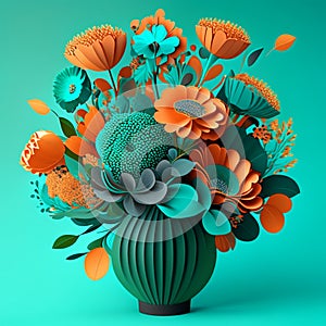 3d rendering of colorful flowers bouquet in vase on green background Generative AI
