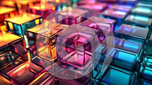 3D rendering of colorful glass cubes with an abstract background. A glowing light effect. Bright colors and gradients. Abstract