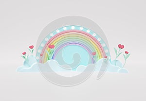 3D rendering of colorful pastel clouds and rainbow with empty space for kids or baby products