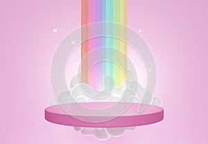 3D rendering of colorful pastel clouds and rainbow with empty space for kids or baby products