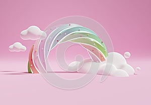 3D rendering of colorful pastel clouds and rainbow with empty space for kids or baby products. Sweet candy background